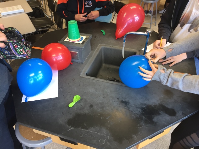 Students work together to blow up their balloons before they start to build their orbitals. 